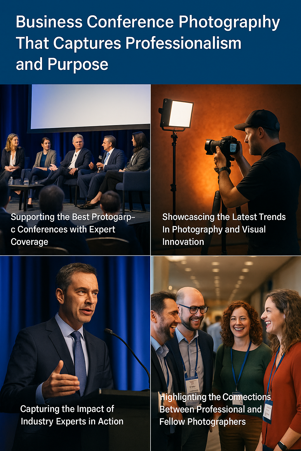 Panel of five business professionals seated on stage during a discussion. Caption reads: “Supporting the Best Photography Conferences with Expert Coverage.