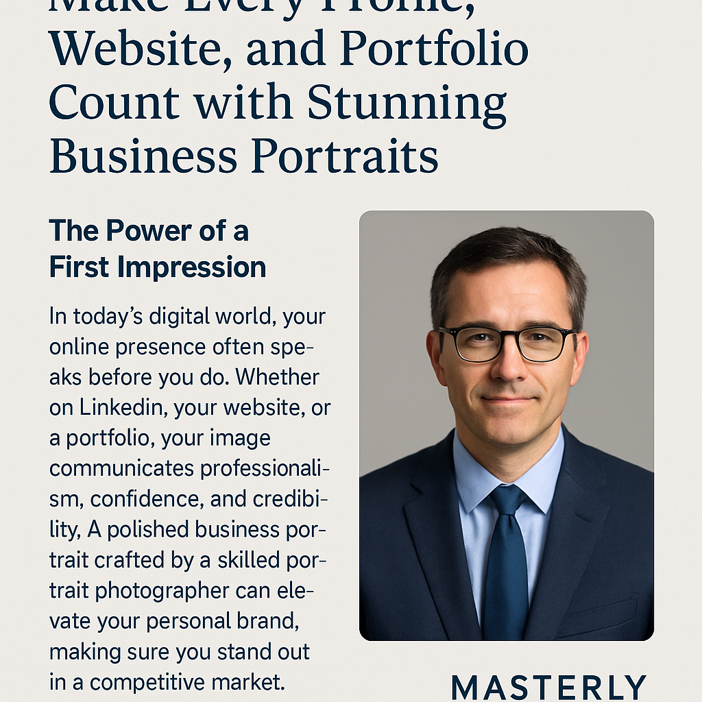 Promotional graphic titled ‘Make Every Profile, Website, and Portfolio Count with Stunning Business Portraits,’ featuring a professional headshot of a well-dressed man in glasses and a suit. The text emphasizes the importance of polished portraits for enhancing online presence and personal branding. The Masterly Studios logo appears at the bottom