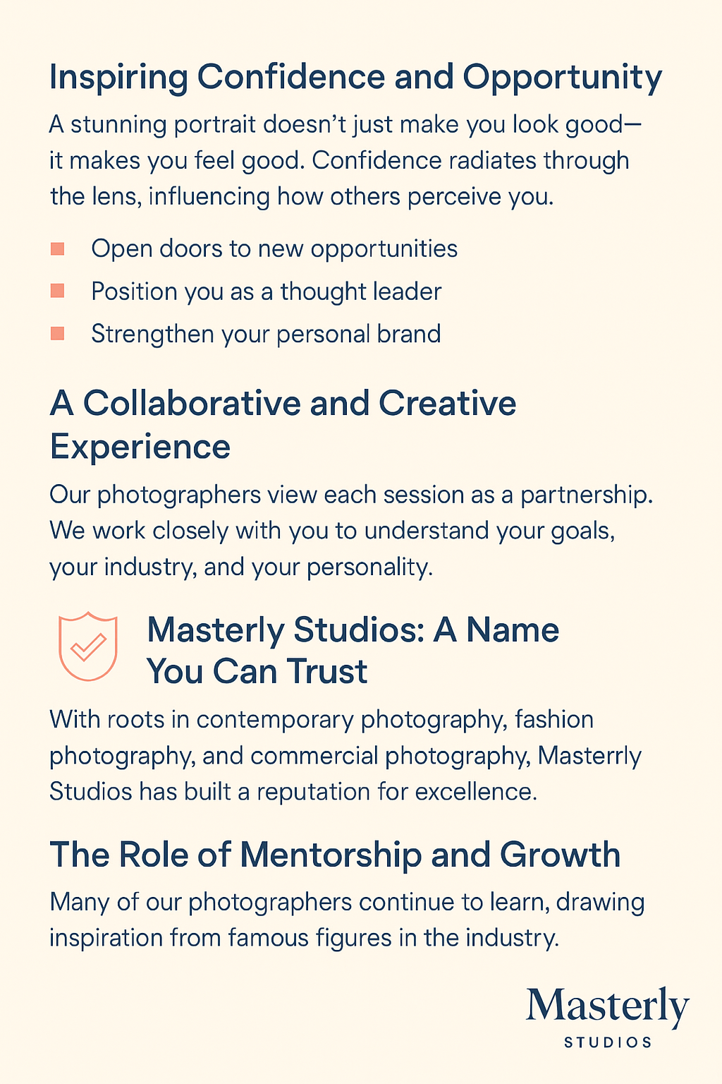 Promotional graphic titled ‘Inspiring Confidence and Opportunity,’ highlighting how professional portraits enhance personal branding, open new opportunities, and position individuals as thought leaders. The design features coral icons and bullet points, navy blue headings, and the Masterly Studios logo at the bottom.