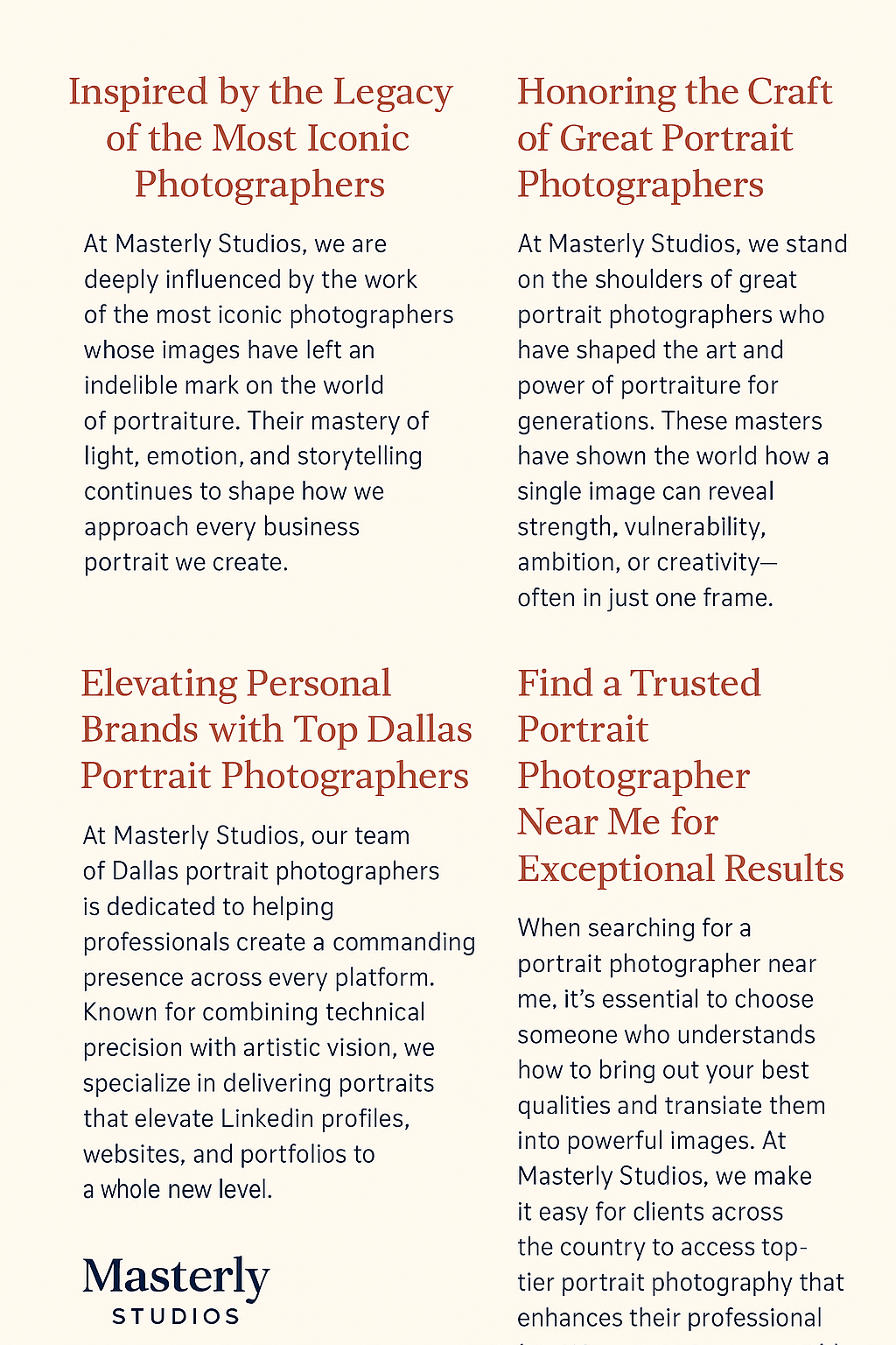 Promotional graphic titled ‘Inspired by the Legacy of the Most Iconic Photographers,’ divided into four sections highlighting Masterly Studios’ dedication to honoring great portrait photographers, elevating personal brands, and delivering exceptional results. The design features reddish-brown section headings, navy blue body text, and the Masterly Studios logo at the bottom left
