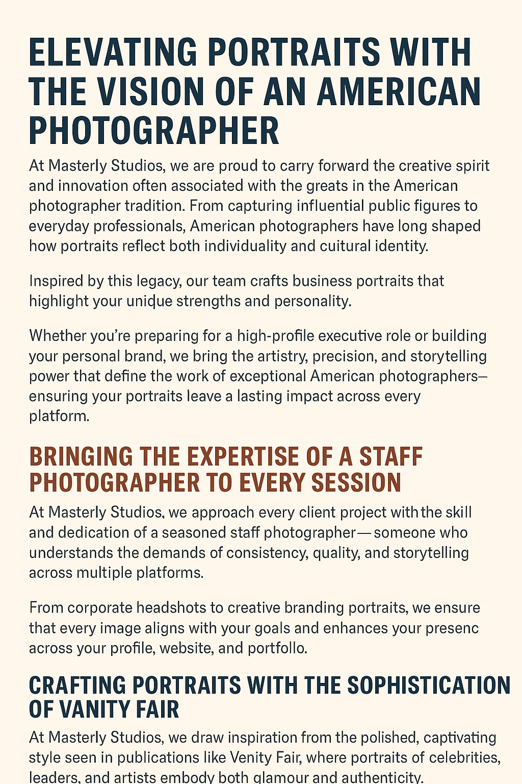 Promotional infographic titled ‘Elevating Portraits with the Vision of an American Photographer,’ featuring three sections that highlight Masterly Studios’ inspiration from iconic American photographers, the expertise of their staff photographers, and the sophisticated editorial style inspired by Vanity Fair. The design has a cream background, bold dark blue and reddish-brown headings, and clear body text.