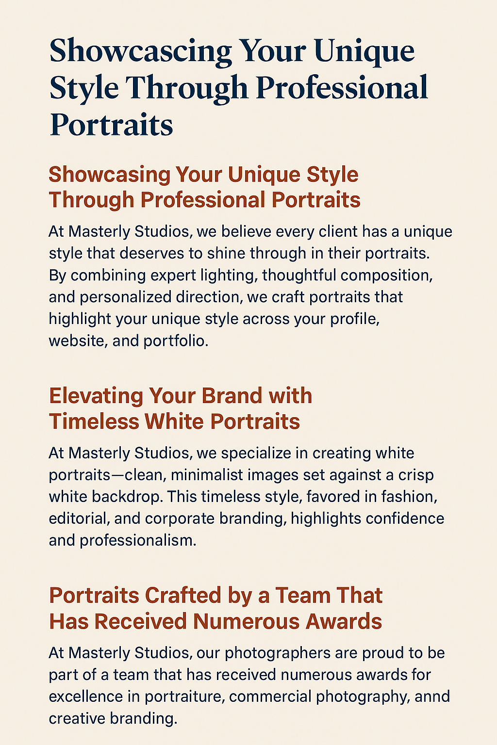 Promotional infographic titled ‘Showcasing Your Unique Style Through Professional Portraits,’ featuring three sections on capturing individual style, creating timeless white portraits, and the award-winning expertise of Masterly Studios. The design uses a cream background with dark blue and burnt-orange headings and clear, readable body text.