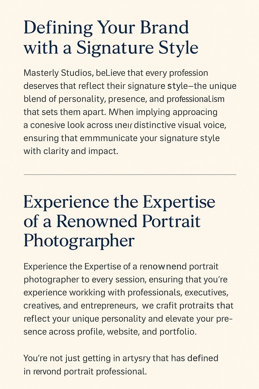 Digital infographic titled ‘Defining Your Brand with a Signature Style,’ featuring two sections that explain how Masterly Studios helps clients express their unique style and benefit from the expertise of a renowned portrait photographer. The design has a light beige background with dark blue headings and clean, easy-to-read text.