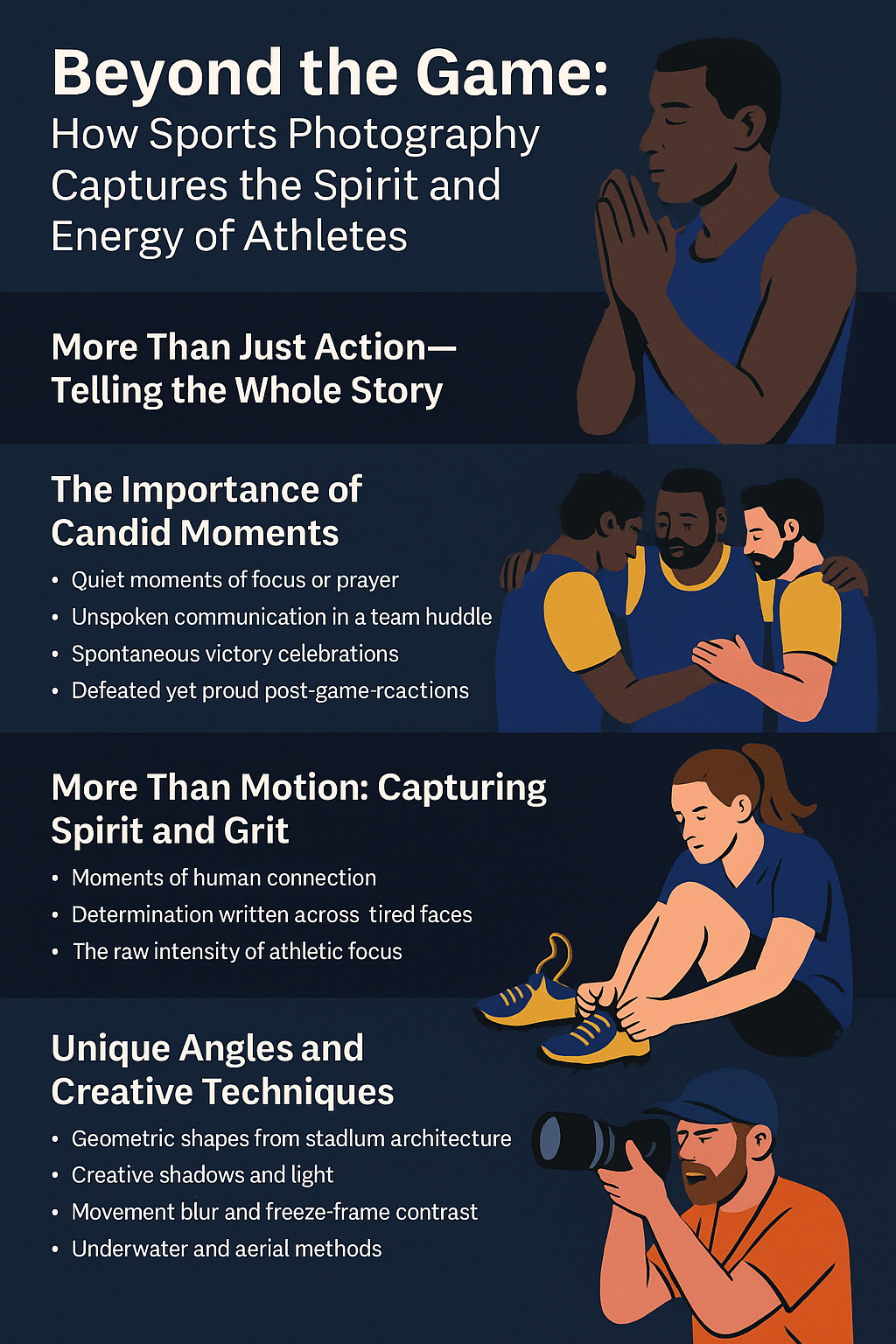 Infographic titled 'Beyond the Game: How Sports Photography Captures the Spirit and Energy of Athletes' on a navy blue background. It is divided into four illustrated sections: a player praying under 'More Than Just Action,' a team huddle under 'The Importance of Candid Moments,' an exhausted female athlete under 'More Than Motion,' and a sports photographer kneeling with a camera under 'Unique Angles and Creative Techniques.' Each section includes bullet points highlighting key concepts in capturing emotion, storytelling, and creative visuals in sports photography.