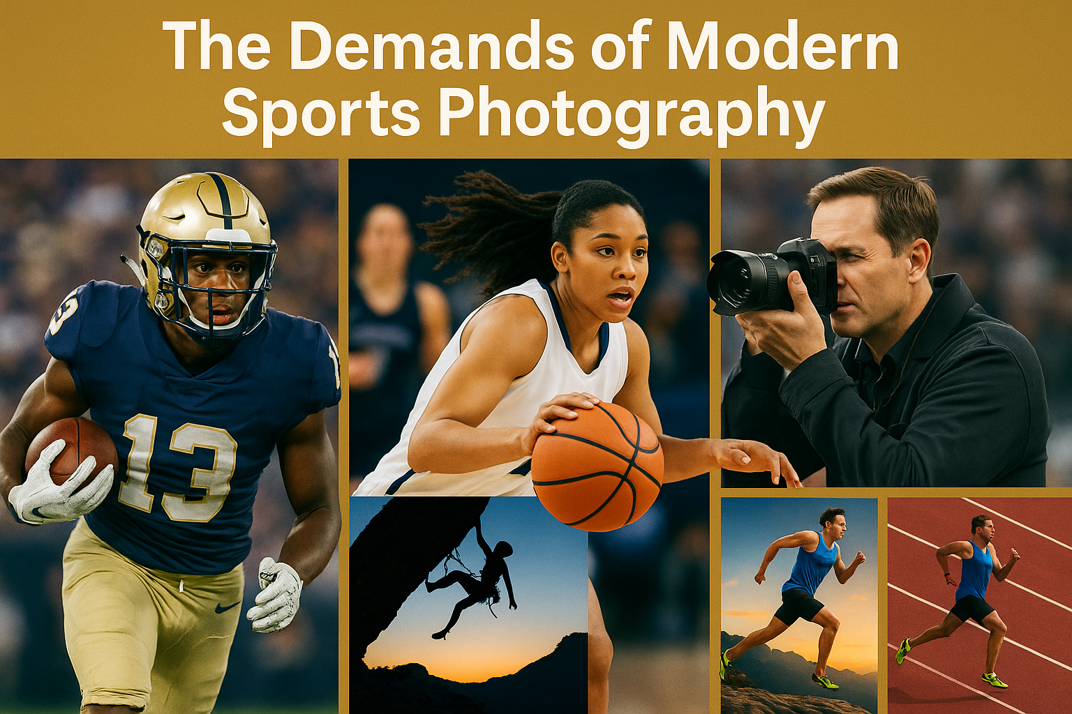The Demands of Modern Sports Photography.” It features a football player running with the ball, a women’s basketball player dribbling, a photographer aiming a camera, a rock climber silhouetted at sunset, and two male athletes sprinting on a track and outdoors, symbolizing the intensity and variety of modern sports photography