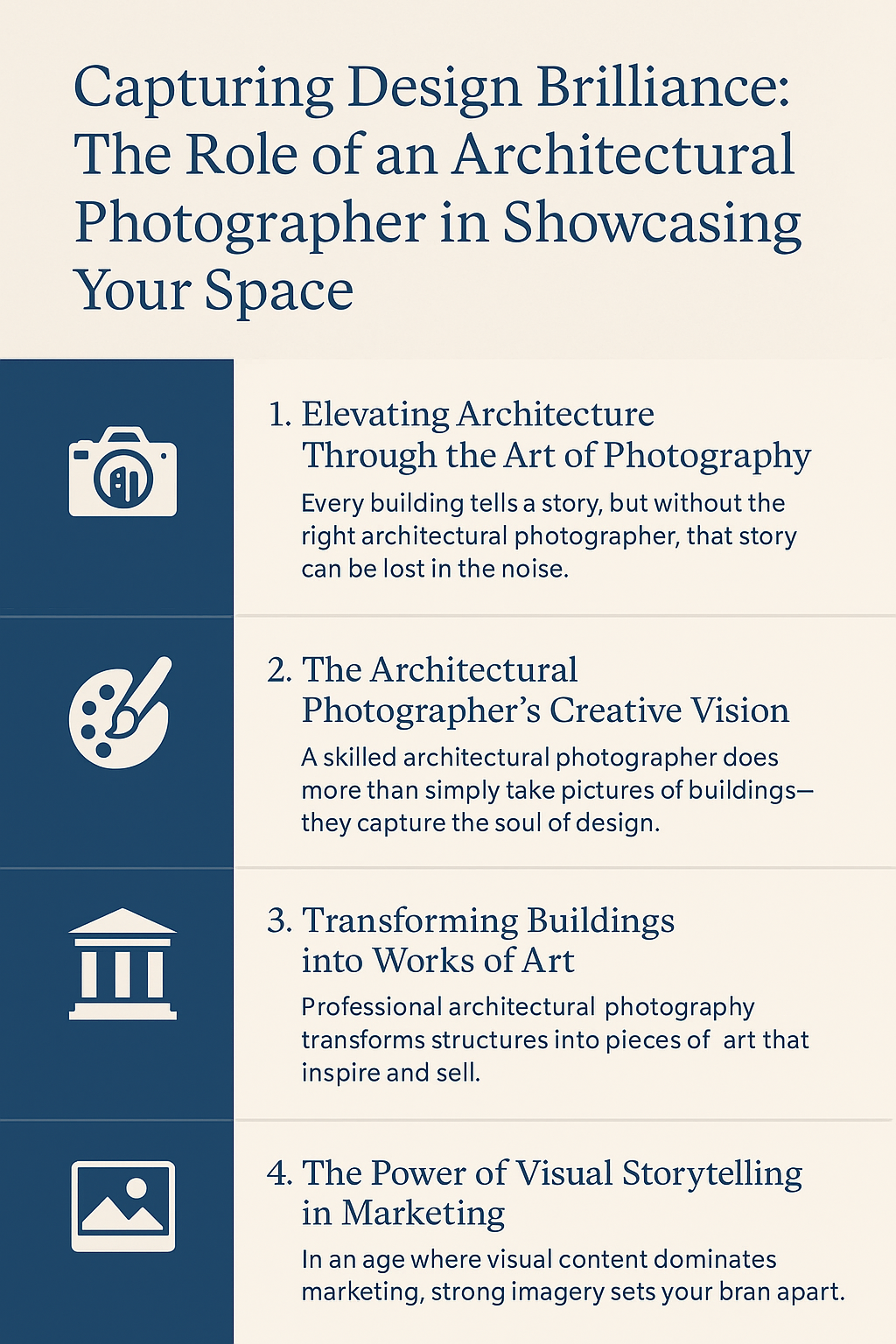Capturing Design Brilliance: The Role of an Architectural Photographer in Showcasing Your Space.” It features a clean navy blue and beige layout with four sections, each paired with an icon. The sections highlight key ideas: “Elevating Architecture Through the Art of Photography,” “The Architectural Photographer’s Creative Vision,” “Transforming Buildings into Works of Art,” and “The Power of Visual Storytelling in Marketing.” The design conveys professionalism, creativity, and the artistic value of architectural photography.