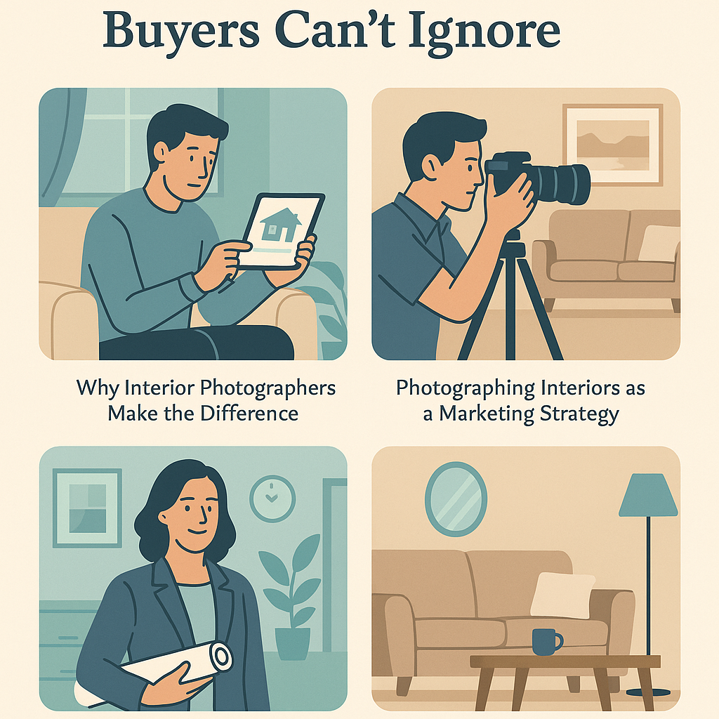 Buyers Can’t Ignore,’ featuring four illustrated sections in muted teal, beige, and blue tones. Top left: a man sitting on a couch holding a tablet with a house icon, labeled ‘Why Interior Photographers Make the Difference.’ Top right: a photographer using a professional camera on a tripod in a living room, labeled ‘Photographing Interiors as a Marketing Strategy.’ Bottom left: an interior designer holding rolled-up plans with plants and a clock in the background, symbolizing design collaboration. Bottom right: a cozy staged living room with a sofa, coffee table, mug, lamp, and wall mirror, representing inviting interior presentation.