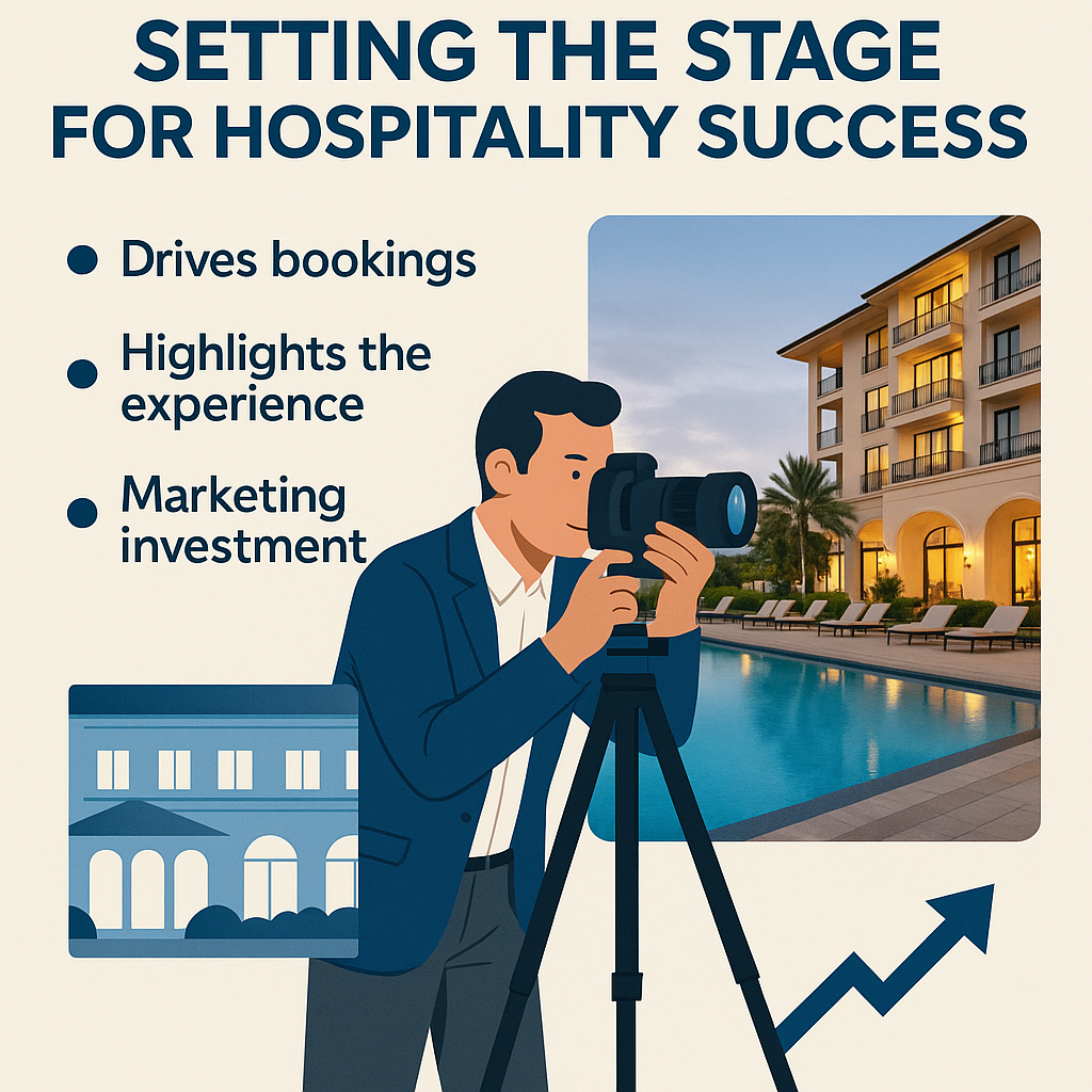 Setting the Stage for Hospitality Success' showing a professional photographer in a navy suit capturing an elegant hotel poolside scene. To the left, three marketing points are listed with icons: 'Drives bookings,' 'Highlights the experience,' and 'Marketing investment.' An upward-trending arrow symbolizes growth and success in hospitality marketing