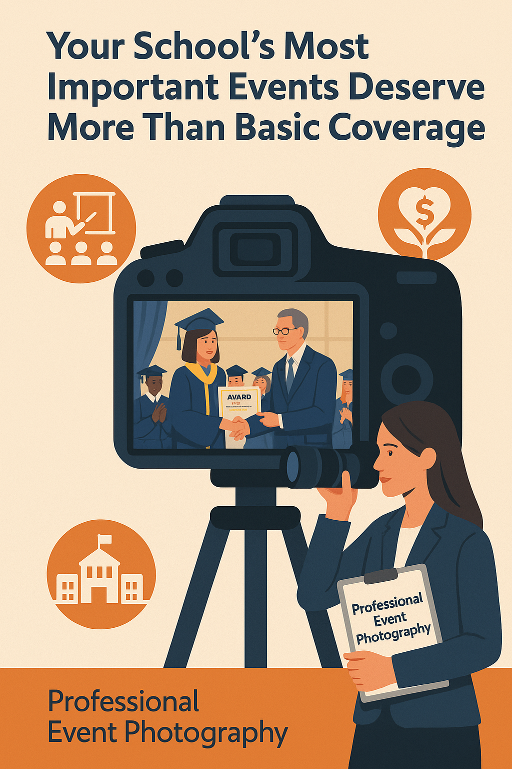Your School’s Most Important Events Deserve More Than Basic Coverage.” The image shows a professional photographer capturing a graduation ceremony through a camera. On the camera screen, a student in a cap and gown receives an award from a suited administrator while classmates applaud in the background. Around the main scene, orange icons depict education, fundraising, and a school building. In the foreground, the photographer holds a clipboard labeled “Professional Event Photography.