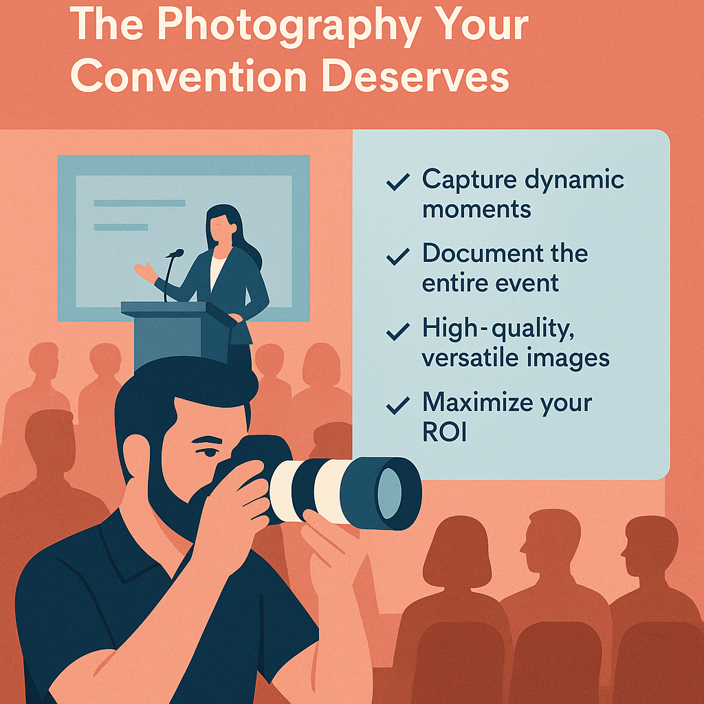 The Photography Your Convention Deserves.” On the left, a photographer with a large camera captures a woman speaking at a podium on stage, with an audience silhouetted in the background. On the right, a checklist highlights benefits: capture dynamic moments, document the entire event, deliver high-quality versatile images, and maximize ROI. The design uses coral, blue, and white tones for a modern look.