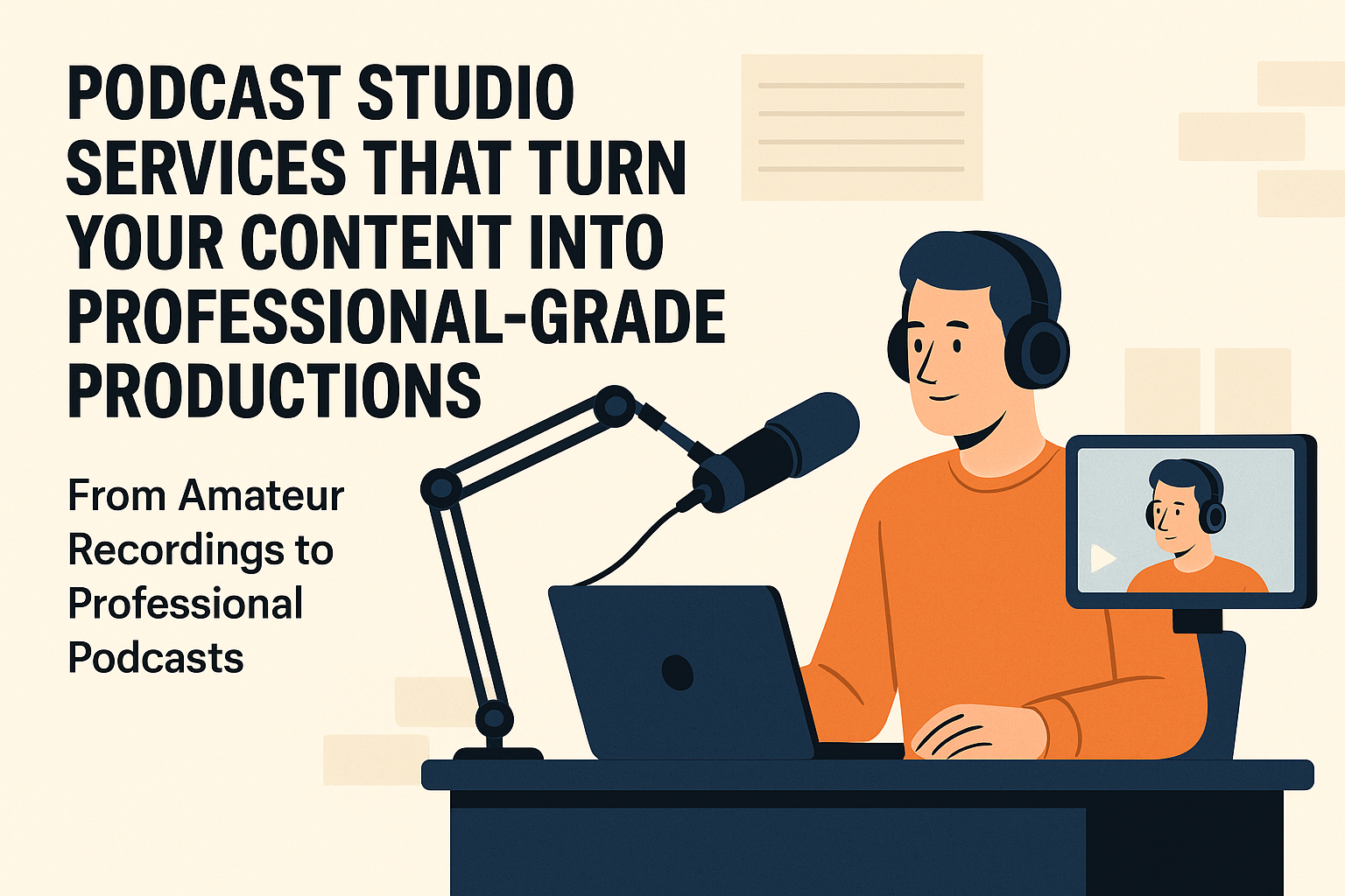 Podcast Studio Services That Turn Your Content into Professional-Grade Productions” and subtext “From Amateur Recordings to Professional Podcasts.” On the right, a podcaster wearing headphones speaks into a professional microphone while recording at a desk with a laptop. A video monitor shows the same podcaster on screen, emphasizing the professional setup and polished production environment.