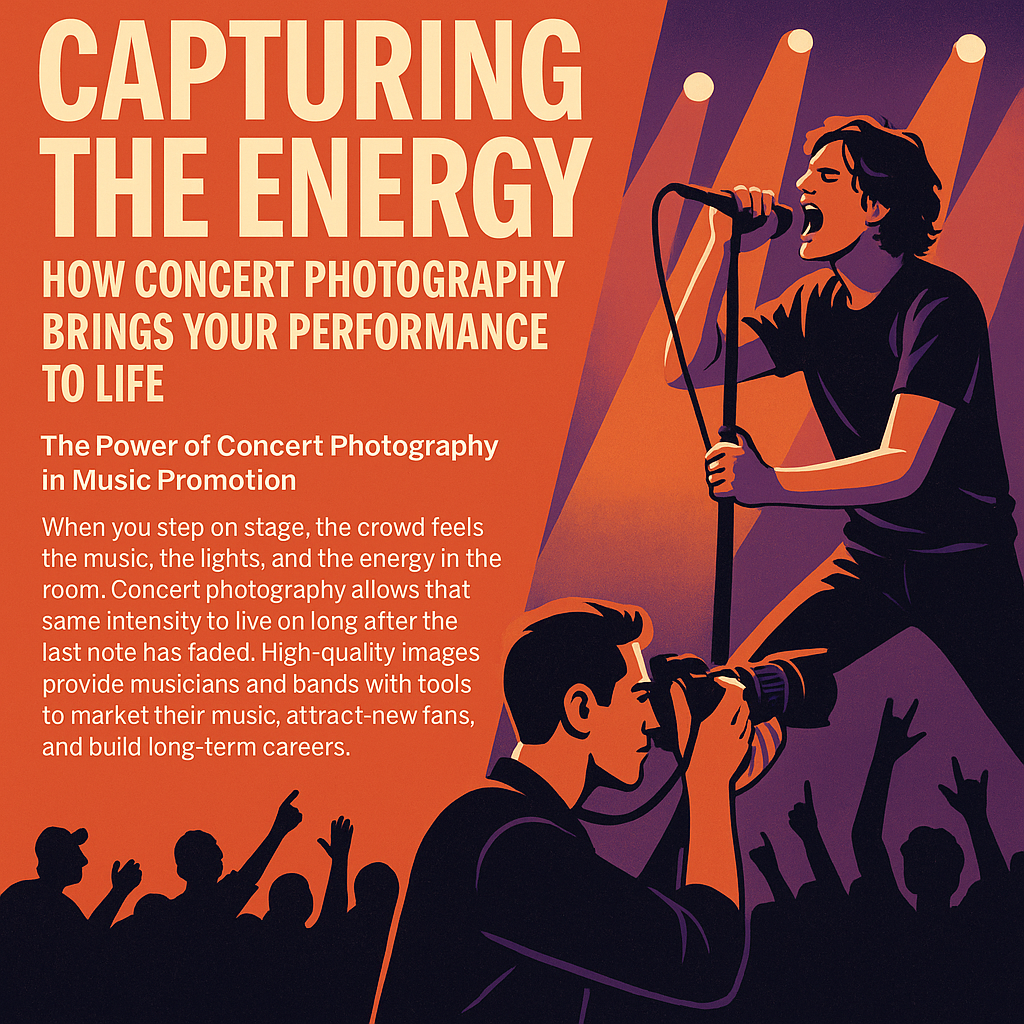 Capturing the Energy: How Concert Photography Brings Your Performance to Life” features bold orange and cream typography on the left with descriptive text about music promotion. On the right, an illustrated scene shows a singer passionately performing under bright stage lights, while a photographer captures the moment from the photo pit. Silhouettes of cheering fans with raised hands fill the bottom foreground, emphasizing the atmosphere of a live concert.