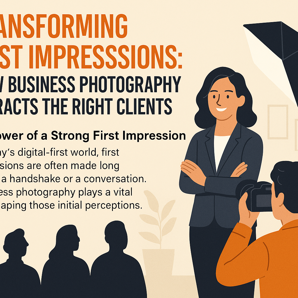 Transforming First Impressions: How Business Photography Attracts the Right Clients” shows a confident businesswoman posing for a professional photoshoot. A photographer is capturing her image under studio lighting, with minimal office décor in the background. The left side features bold text and supporting copy about the importance of first impressions in business.