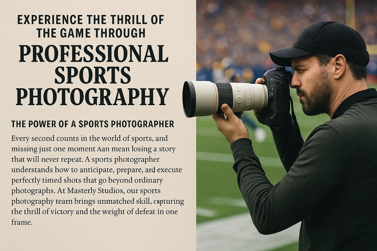 Promotional graphic for professional sports photography. On the right, a male photographer in a black cap and dark clothing aims a large telephoto camera lens at a football field. On the left, bold black text on a beige background reads “Experience the Thrill of the Game Through Professional Sports Photography.” Below, smaller text describes the power of a sports photographer and highlights Masterly Studios’ skill in capturing the thrill of victory and the weight of defeat in one frame.