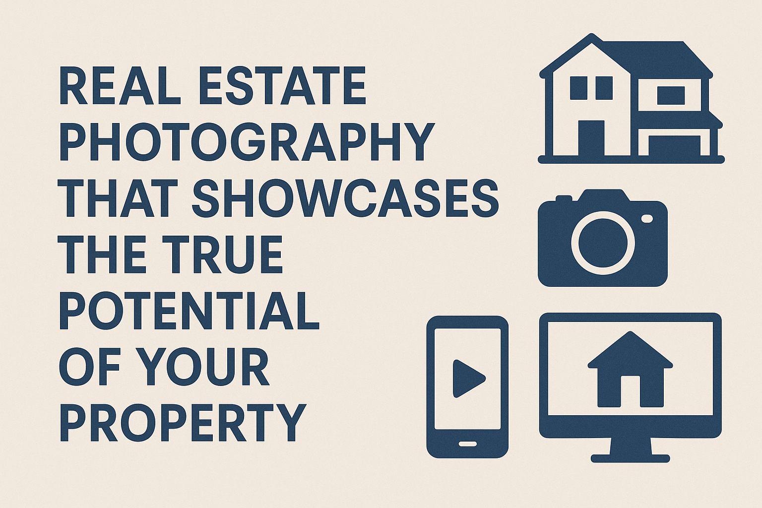Promotional graphic with beige background and bold dark blue text reading: “Real Estate Photography That Showcases the True Potential of Your Property.” On the right side are four icons: a house, a camera, a smartphone with a play button, and a computer monitor with a house symbol, representing real estate photography, video tours, and digital marketing.