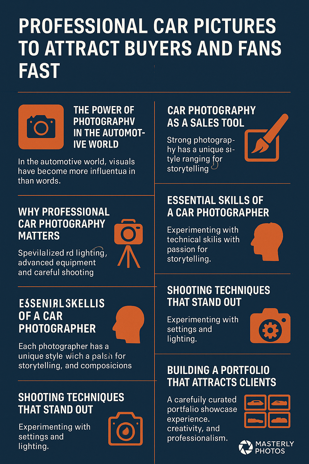 Professional Car Pictures to Attract Buyers and Fans Fast’ in a dark blue, orange, and white color scheme. Sections include the power of photography in the automotive world, car photography as a sales tool, why professional car photography matters, essential skills of a car photographer, shooting techniques that stand out, and building a portfolio that attracts clients. Each section is paired with orange icons such as cameras, a tripod, a paintbrush, a head silhouette, a gear, and image thumbnails. Bottom features the Masterly Photos logo.