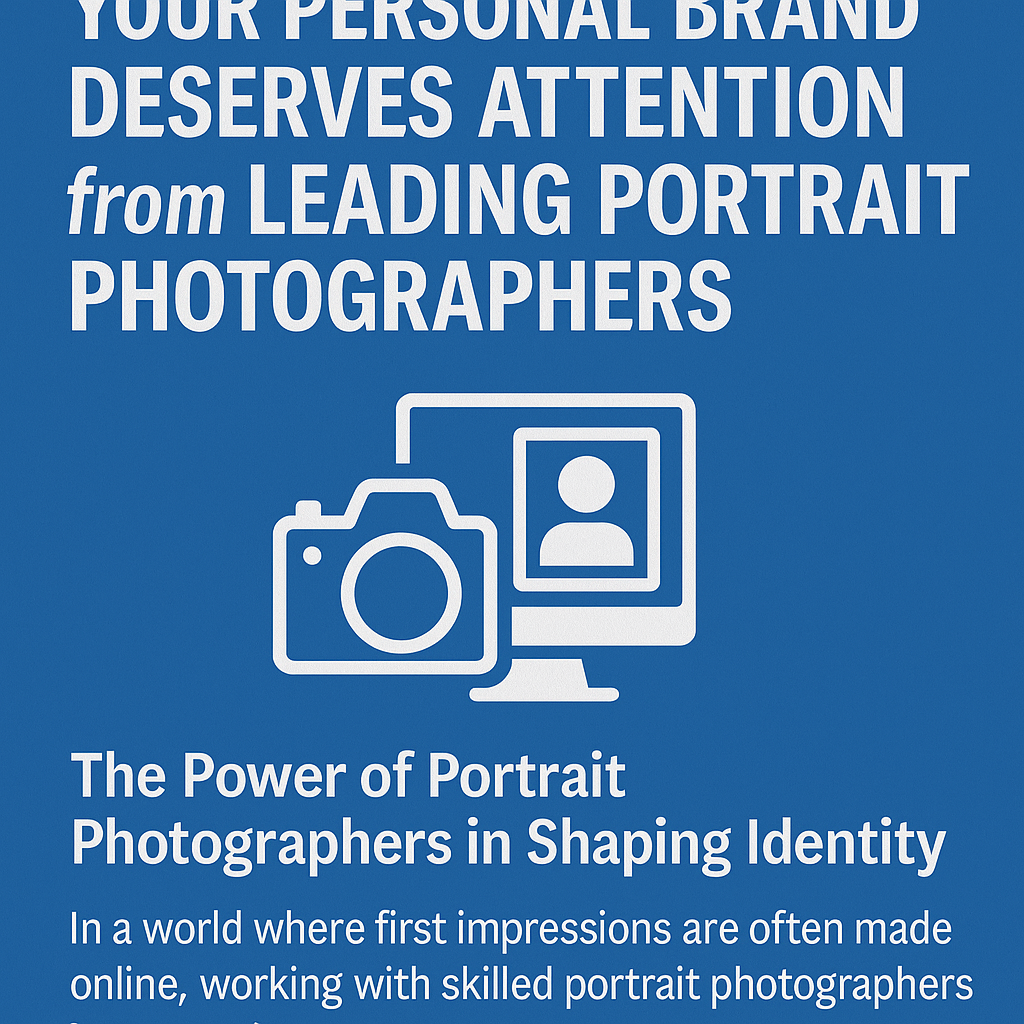 Your Personal Brand Deserves Attention from Leading Portrait Photographers.' The design features a blue background with bold white text, an icon of a camera, and a computer monitor displaying a portrait silhouette. The lower section includes the heading 'The Power of Portrait Photographers in Shaping Identity' with supporting text about the importance of professional portraits for first impressions.