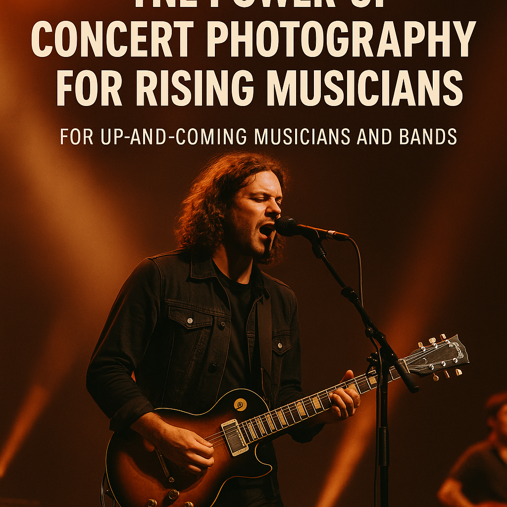 Man singing and playing guitar onstage, part of a promotional graphic for concert photography.