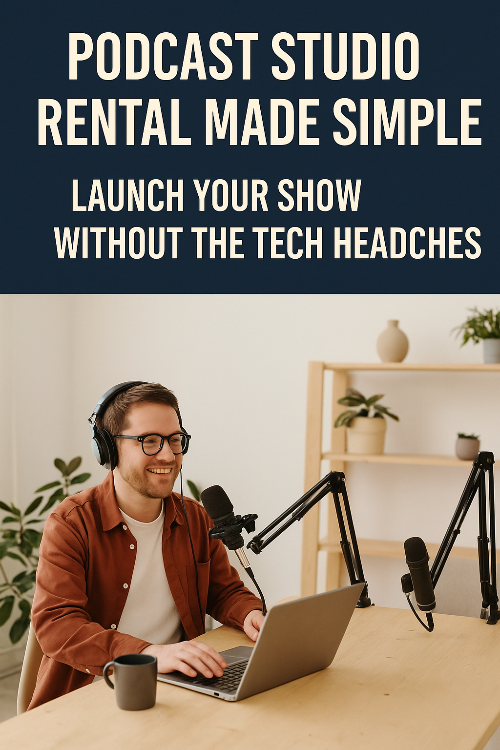 Man using laptop in a podcast studio. Text: Podcast studio rental, launch your show.