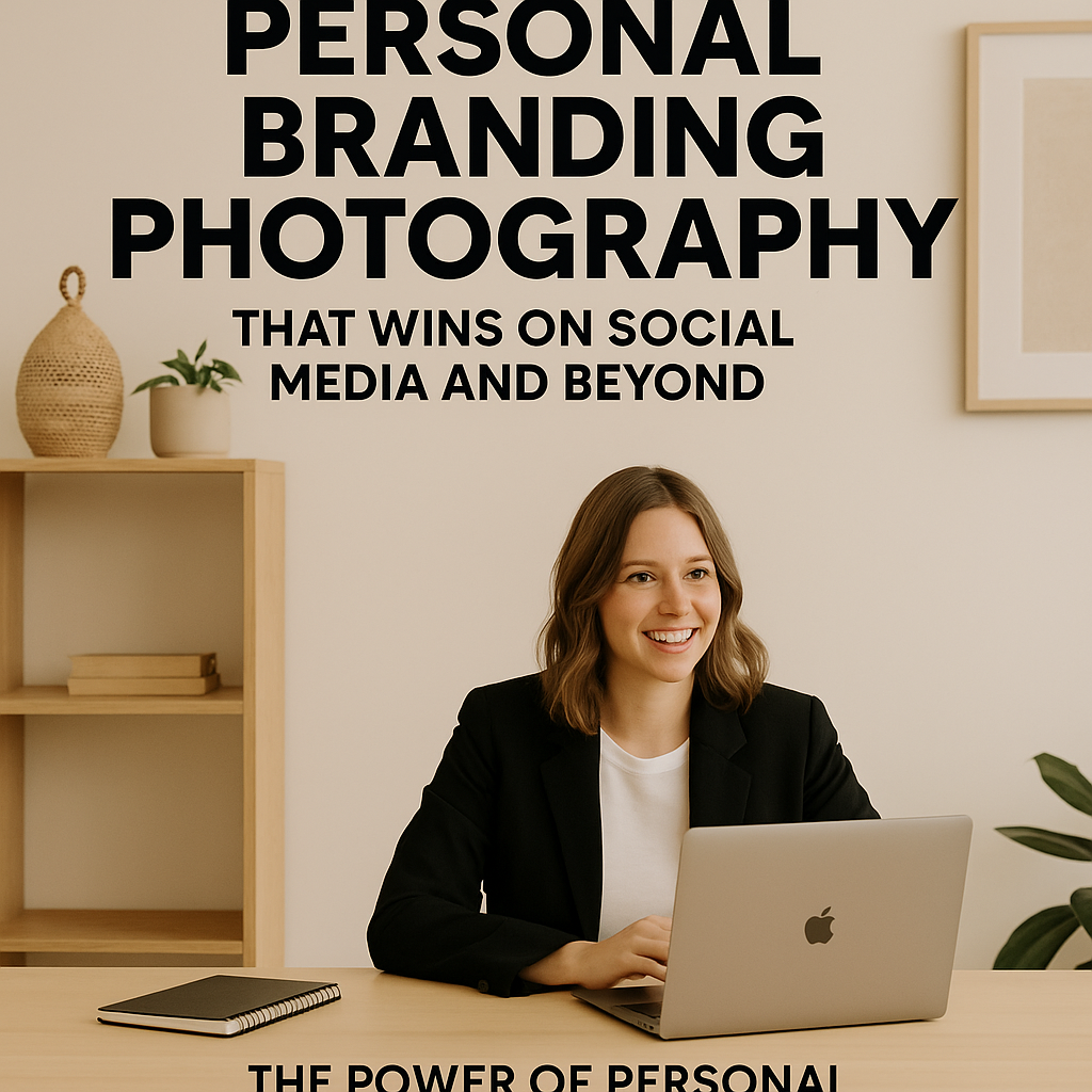 Woman working on laptop, smiling, in professional branding photo.