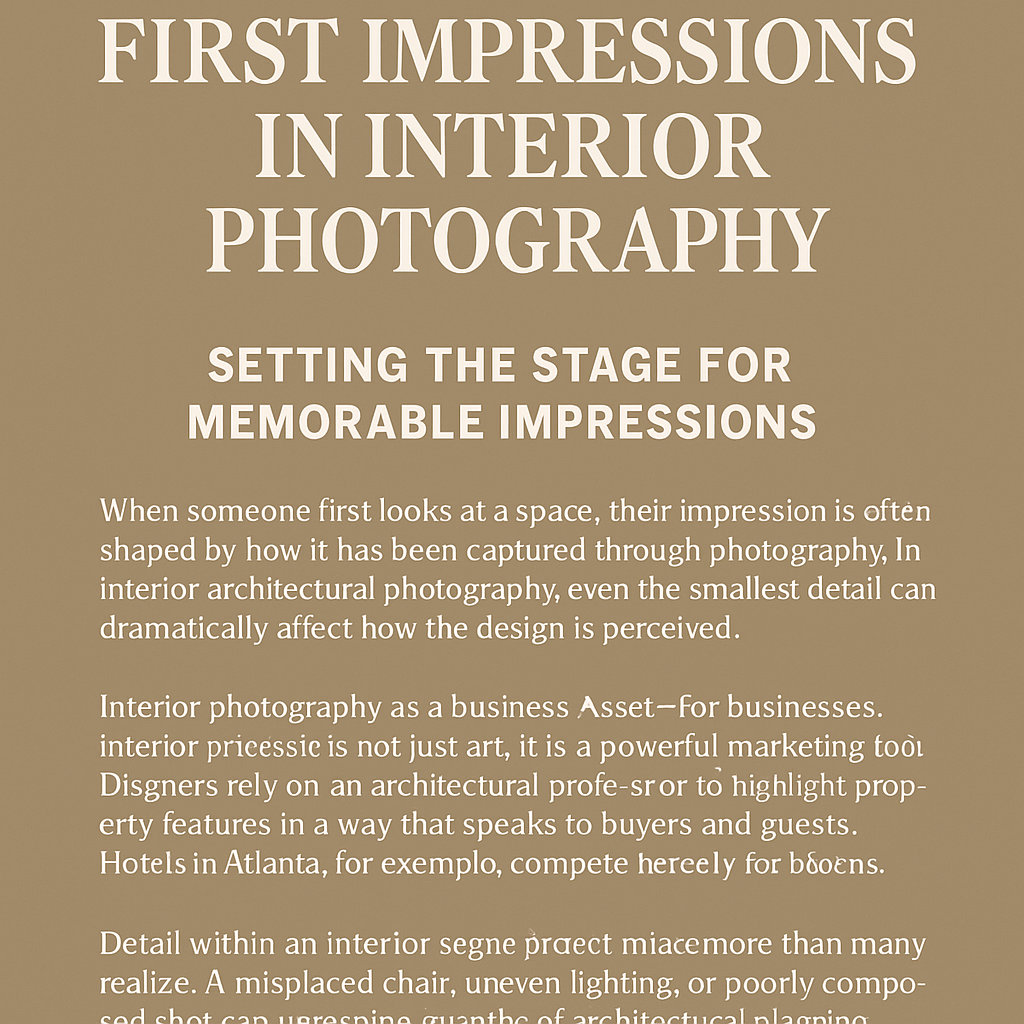 A digital graphic with a warm beige background featuring bold white serif text. The main title reads “First Impressions in Interior Photography,” followed by the subtitle “Setting the Stage for Memorable Impressions.” Below, smaller white text describes how interior photography shapes first impressions, serves as a business asset, and emphasizes the importance of detail in design presentation.