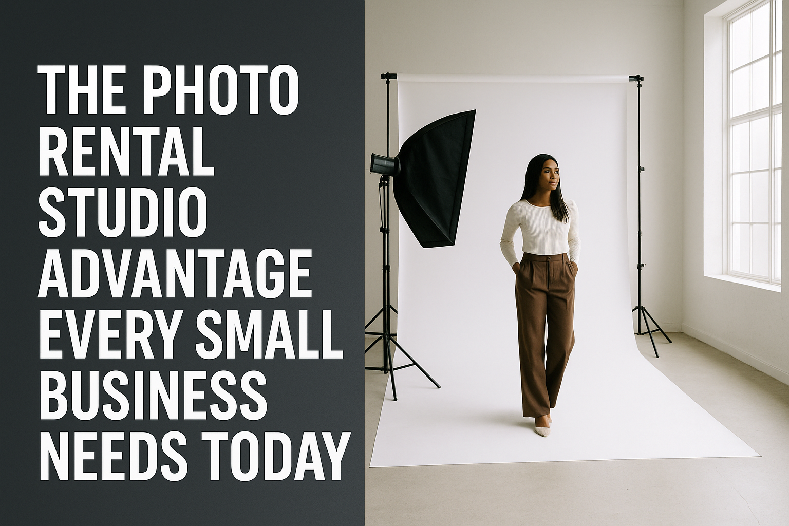 Modern photo rental studio with large windows and natural light. A young woman in a white sweater and brown trousers stands confidently in front of a white backdrop with professional lighting equipment. On the left side, bold white text on a dark gray background reads: “The Photo Rental Studio Advantage Every Small Business Needs Today.