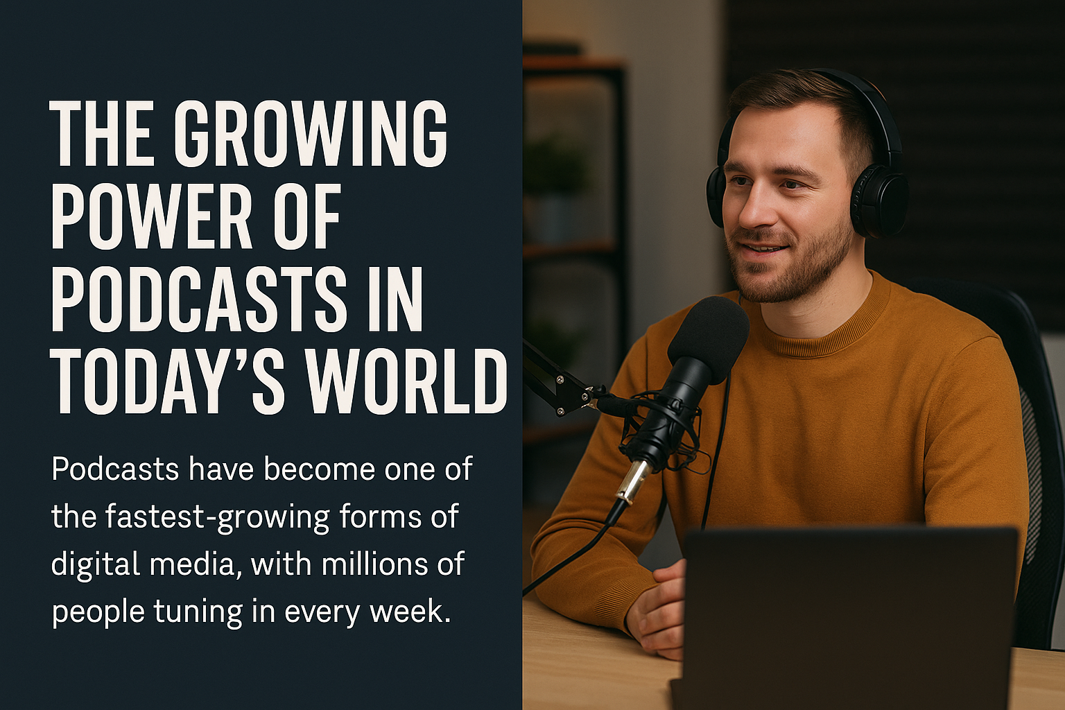 Man in his 30s wearing a mustard sweater sits in a professional podcast studio with headphones and a microphone, speaking confidently in front of a laptop. On the left side, bold white text on a dark blue background reads: “The Growing Power of Podcasts in Today’s World. Podcasts have become one of the fastest-growing forms of digital media, with millions of people tuning in every week.