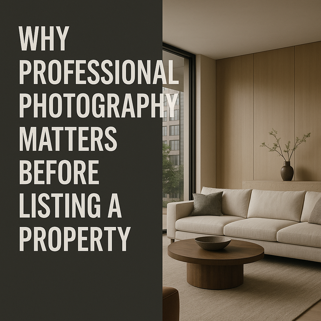 Modern living room with floor-to-ceiling window, neutral-toned sofa, round wooden coffee table, and minimalist decor, alongside bold white text on a dark gray background reading “WHY PROFESSIONAL PHOTOGRAPHY MATTERS BEFORE LISTING A PROPERTY.