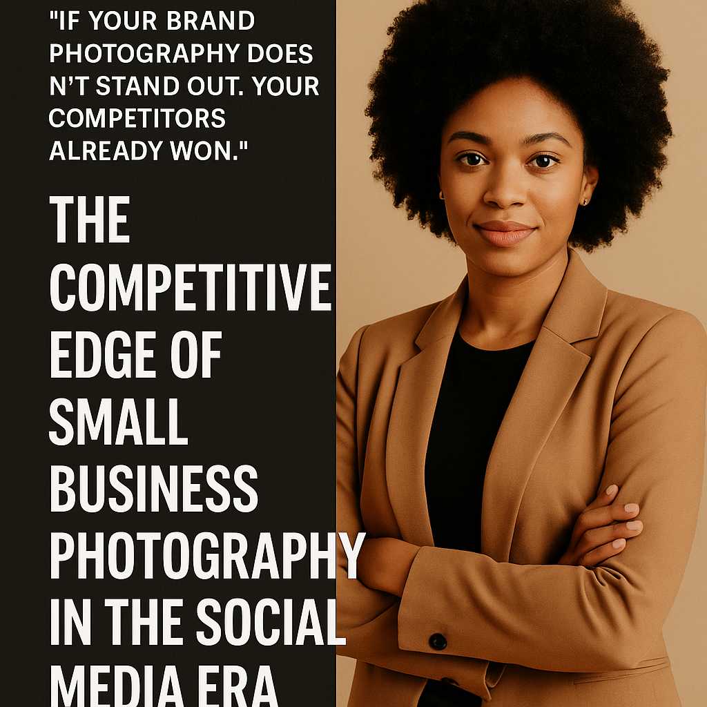 Professional African-American woman in a camel blazer poses confidently against a neutral background. Beside her, bold white text on a black panel reads: “If your brand photography doesn’t stand out, your competitors already won. The Competitive Edge of Small Business Photography in the Social Media Era.