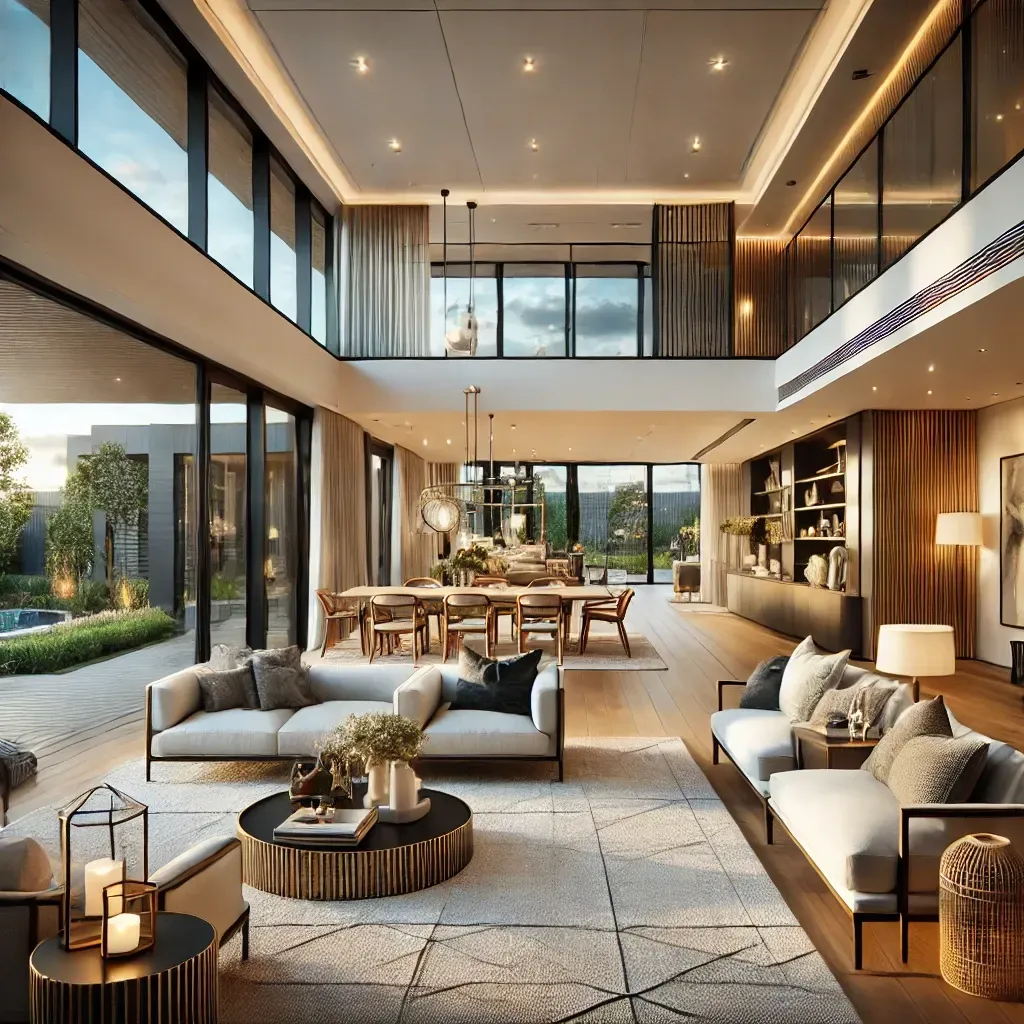 A professionally captured image of a modern, open-plan living space, featuring large windows, elegant furniture, and clean architectural lines. The lighting showcases both interior and exterior views, highlighting the luxury and design details of the property. The scene emphasizes the importance of high-quality architectural photography in enhancing real estate listings and attracting potential buyers.