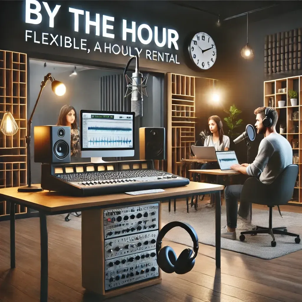 A modern podcast studio setup available for hourly rental, featuring professional microphones, headphones, and soundproofing panels. Content creators are recording a podcast session in a comfortable, well-equipped space, highlighting the flexibility and convenience of short-term studio access for both new and experienced podcasters.