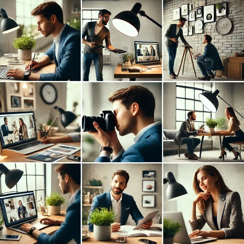 A personal branding photography session featuring a professional in various settings, including working at a desk, interacting with clients, and capturing lifestyle shots. The images highlight personality, workspace, and products, showcasing a cohesive personal brand with high-quality lighting in a modern environment. The scene emphasizes visual storytelling, going beyond traditional headshots to attract ideal clients.