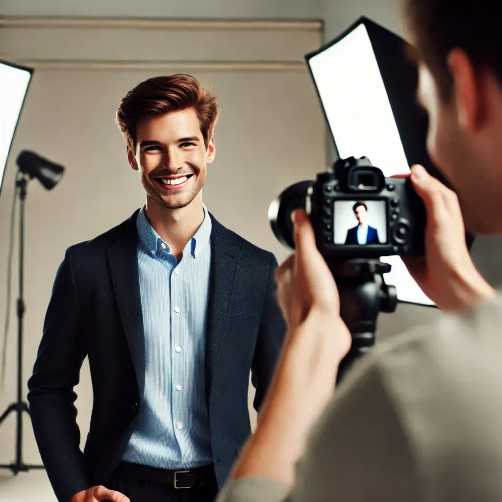 A professional headshot session in progress, capturing a relaxed and friendly atmosphere. The client stands confidently in front of the camera, smiling, while the photographer provides guidance on poses. The studio setup features high-quality lighting and a neutral background, emphasizing a polished and approachable image that radiates confidence.