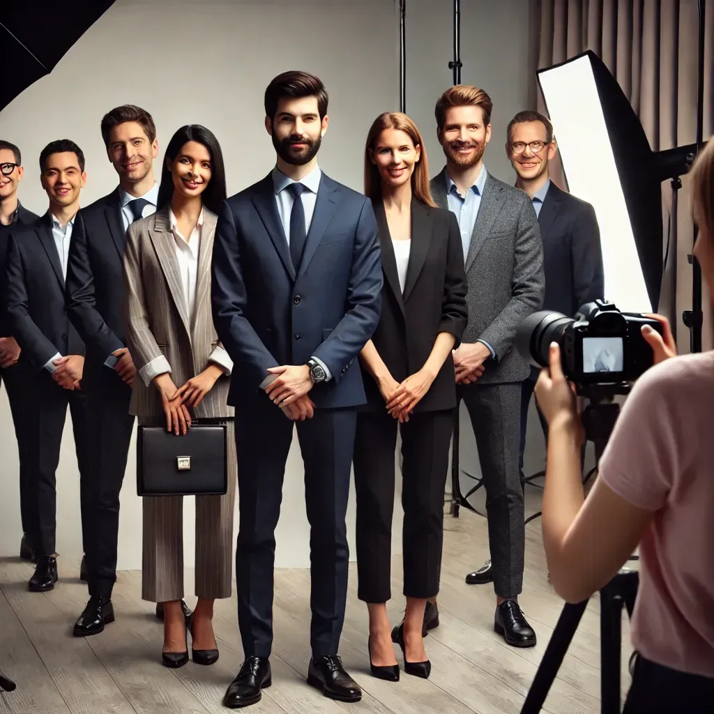 A corporate team headshot session in a professional studio setting, featuring a group of employees taking turns posing for consistent headshots. The photographer provides guidance, and the studio is equipped with high-quality lighting and a neutral background. The organized and efficient atmosphere emphasizes brand cohesion and professionalism.
