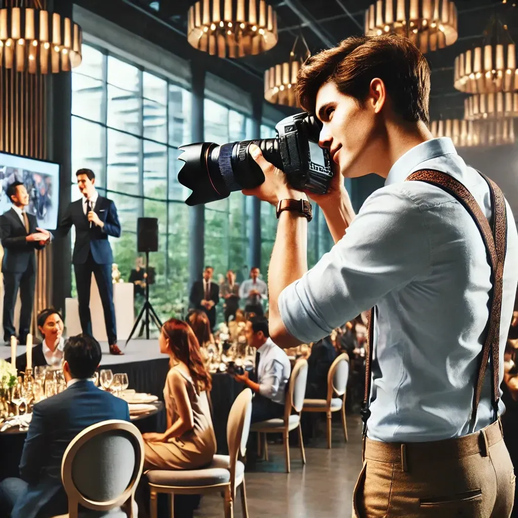 A professional photographer from Masterly Studios captures key moments at a live event, coordinating with an event organizer. The scene includes elegant decor, engaged attendees, and both candid interactions and posed group photos, emphasizing precision, collaboration, and impactful event photography.