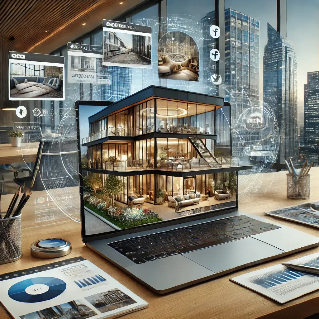 A modern business workspace featuring a laptop displaying high-quality architectural images of luxury hotels, corporate headquarters, and retail spaces, and a tablet showing social media platforms with stunning photos of interiors and exteriors. Surrounding elements emphasize the importance of custom architectural photography in marketing campaigns, showcasing its competitive advantage over stock images.