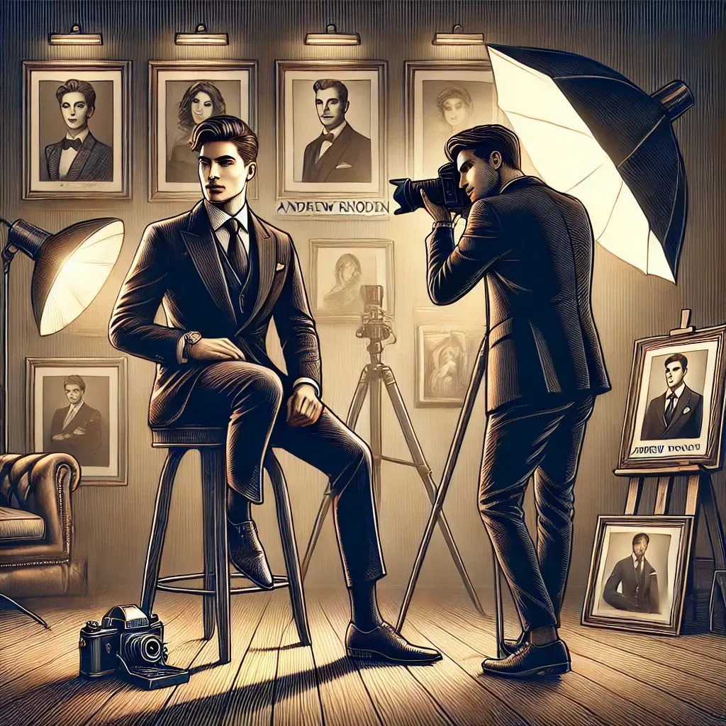An artistic illustration of a top portrait photographer in a sophisticated studio, capturing a timeless portrait of a confident, high-profile subject under soft, dramatic lighting. The scene includes framed iconic portraits, professional camera equipment, and elegant artistic props, highlighting the fusion of fashion photography and fine art portraiture.