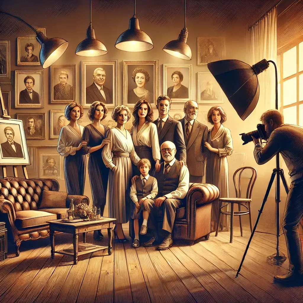 An illustration of a family in a warm, well-lit studio setting during a professional portrait session. The family includes multiple generations dressed elegantly, symbolizing milestones like anniversaries or reunions. The background features soft lighting, artistic props, and a gallery of framed portraits, emphasizing connection, timeless appeal, and the preservation of cherished memories.