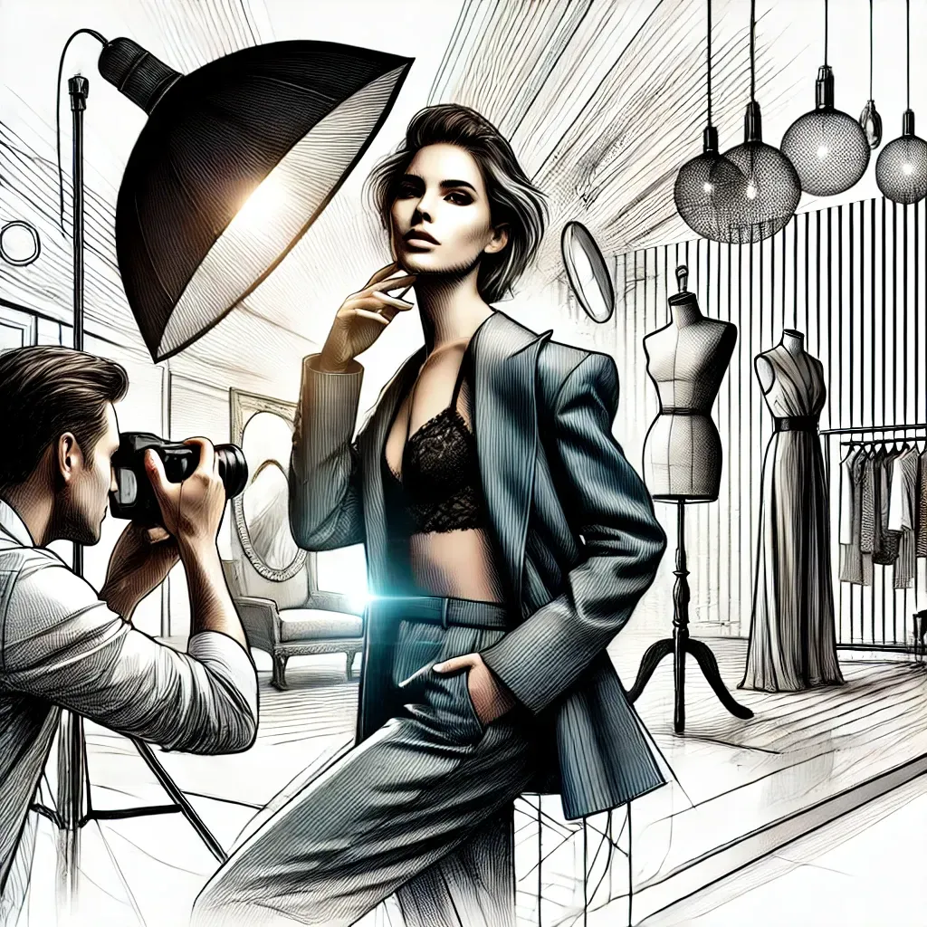 An artistic and sophisticated illustration of a portrait session blending fashion photography with personal portraiture. The confident subject strikes a natural pose under dynamic lighting in a modern studio. The photographer, symbolizing Andrew Rhoden, adjusts the shot with precision, surrounded by subtle fashion-inspired props and professional equipment, highlighting elegance and creativity.