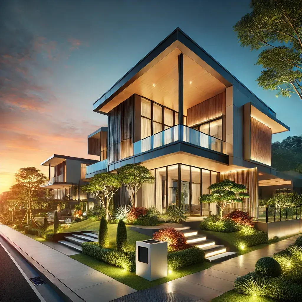 A beautifully captured exterior photograph of a modern architectural property at sunset. The image emphasizes clean lines, unique design elements, vibrant lighting, and lush landscaping, showcasing the value of professional exterior photography in real estate marketing.