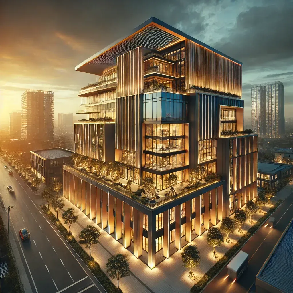 A stunning photograph of a modern commercial building taken during the golden hour, emphasizing dramatic lighting, low-angle perspective, and aerial elements showcasing the surrounding environment. The image demonstrates professional editing techniques used to enhance texture and color balance, highlighting the impact of exterior photography on development projects.