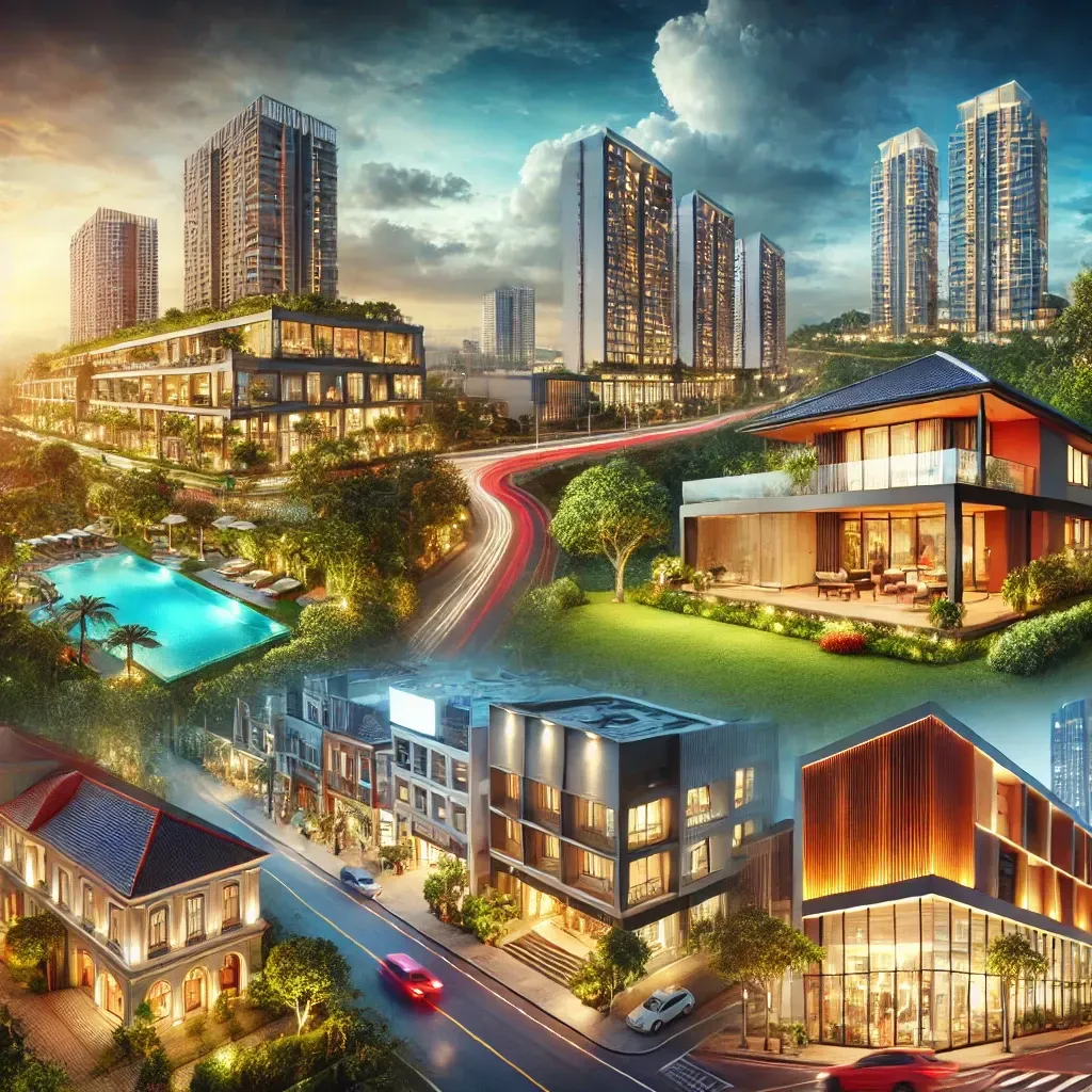 A professional architectural photograph showcasing a mix of properties, including a luxury hotel, modern commercial building, residential home, and retail storefront. The image highlights vibrant landscaping, dramatic skies, and precise lighting, demonstrating the versatility of architectural photography across industries like real estate, hospitality, and development.