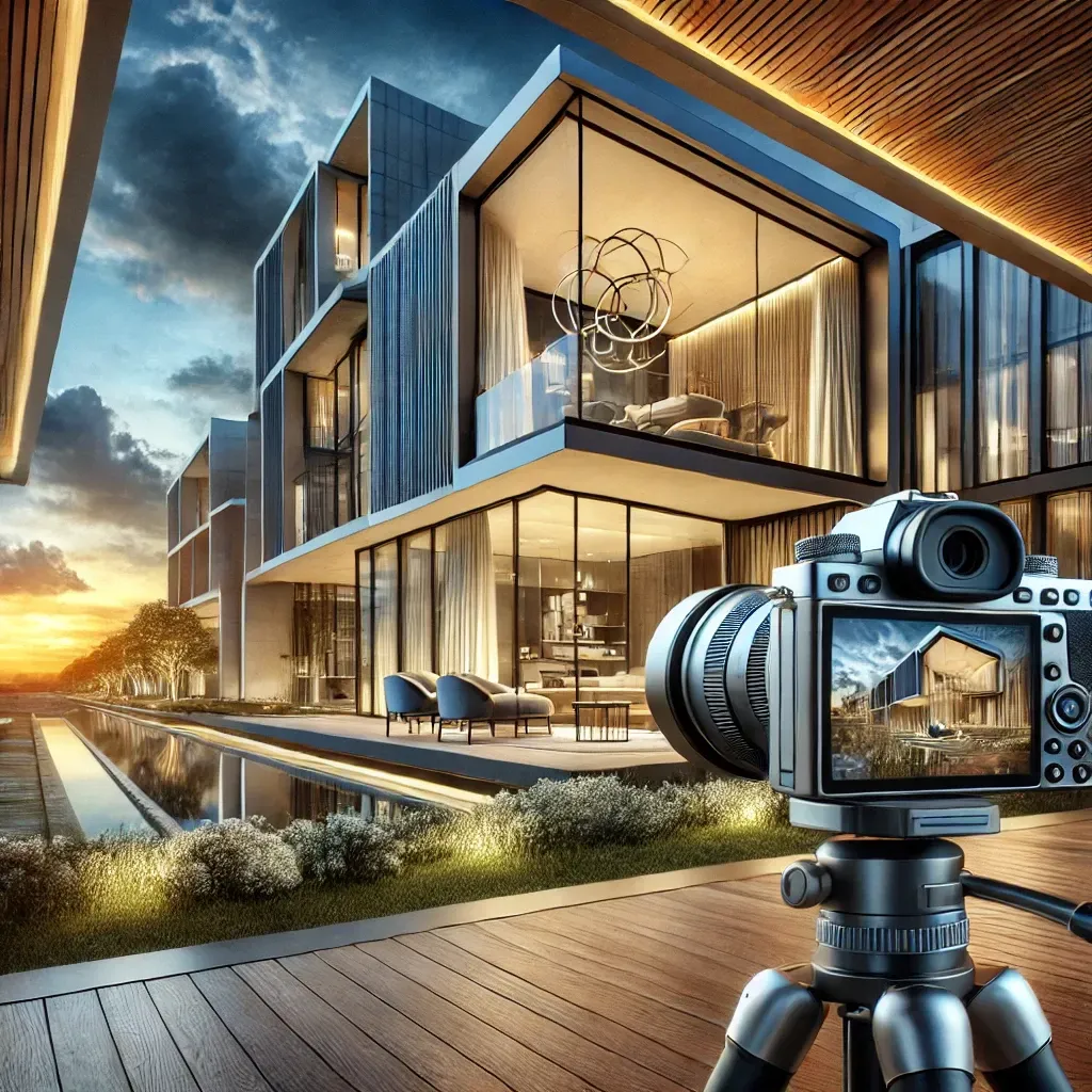 A striking architectural photograph featuring a modern luxury building with sleek glass windows and visible interior design. The foreground showcases a high-end camera on a tripod, emphasizing the role of professional equipment. The dramatic skies and elegant landscaping in the background symbolize the blend of creativity, precision, and global design inspiration in architectural photography.