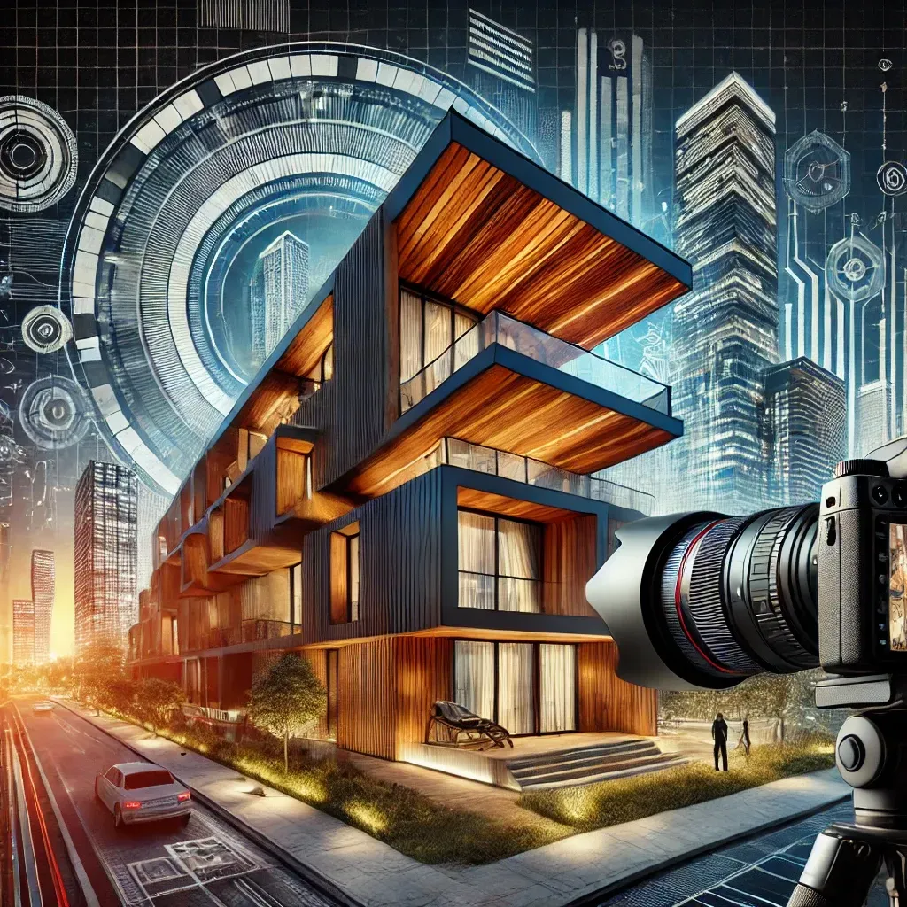 A beautifully composed architectural photograph featuring a modern building blending urban innovation and ranch-style design in a vibrant cityscape. A photographer with a camera on a tripod is in the foreground, capturing the building's unique form and function. The scene emphasizes global and local design influences, with dramatic lighting enhancing the structure's aesthetic appeal.