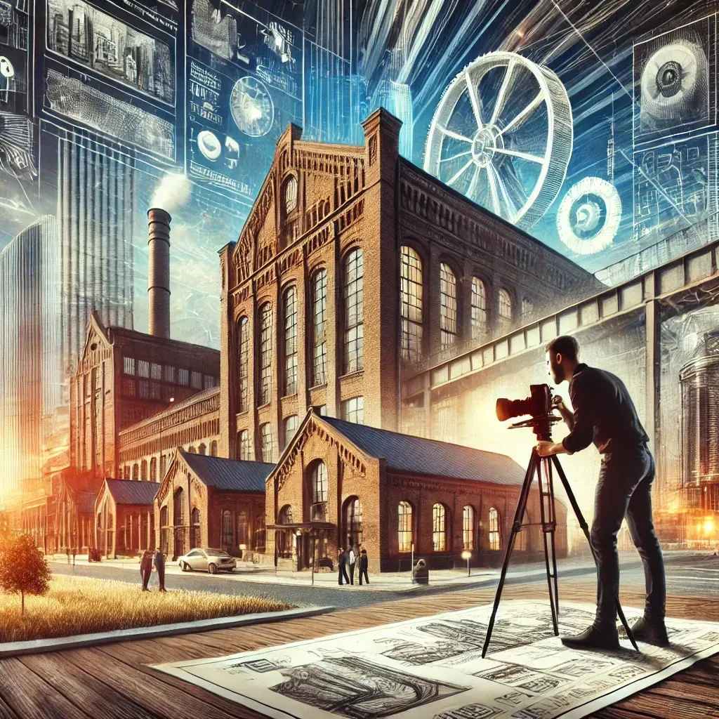 A vibrant image blending modern commercial buildings, historical landmarks, and industrial facilities, symbolizing the scope of architectural photography. A photographer prepares a camera on a tripod, surrounded by sketches and blueprints, highlighting the artistry and technical skill in capturing diverse architectural projects. The scene reflects creativity, legacy, and professional excellence.