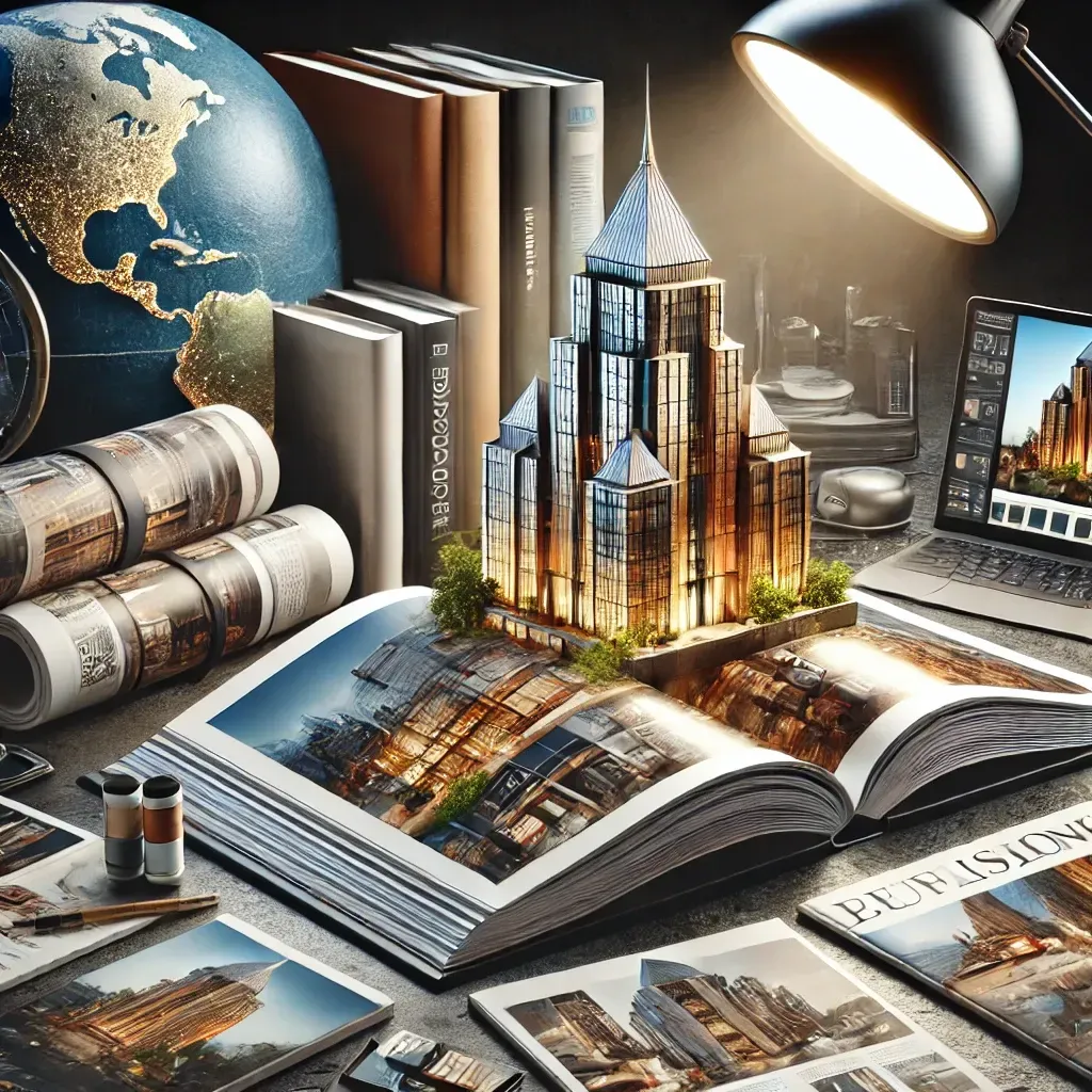 An elegant image featuring an open coffee table book with glossy pages displaying stunning architectural photography of iconic structures. Surrounding the book are trade magazines and digital devices showcasing architectural visuals, alongside a modern building model and a globe. The scene highlights the global impact of architectural photography in publishing and storytelling.