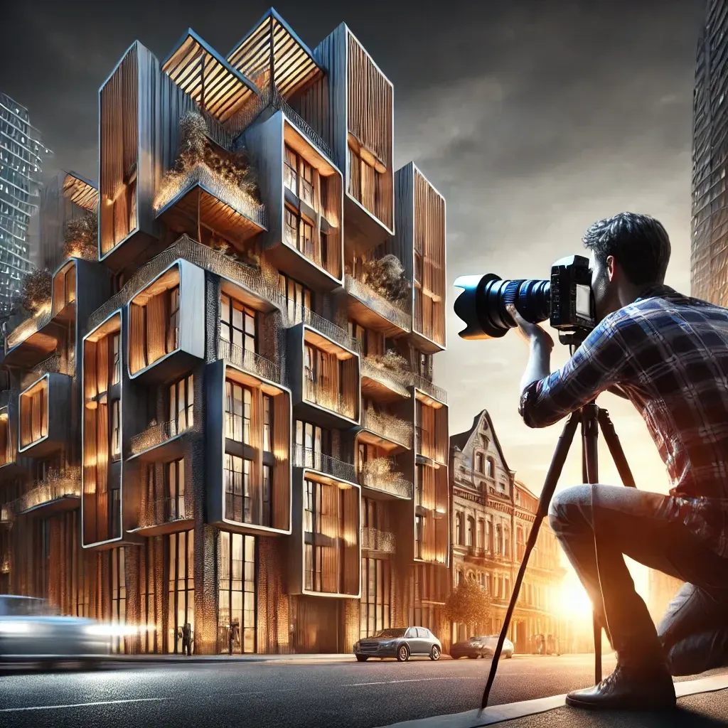 A professional photograph featuring a modern urban building with bold architectural design captured in perfect lighting. A photographer with a tripod focuses on intricate details, with a mix of historic and modern structures in the background, symbolizing the power of architectural photography in real estate and development marketing.