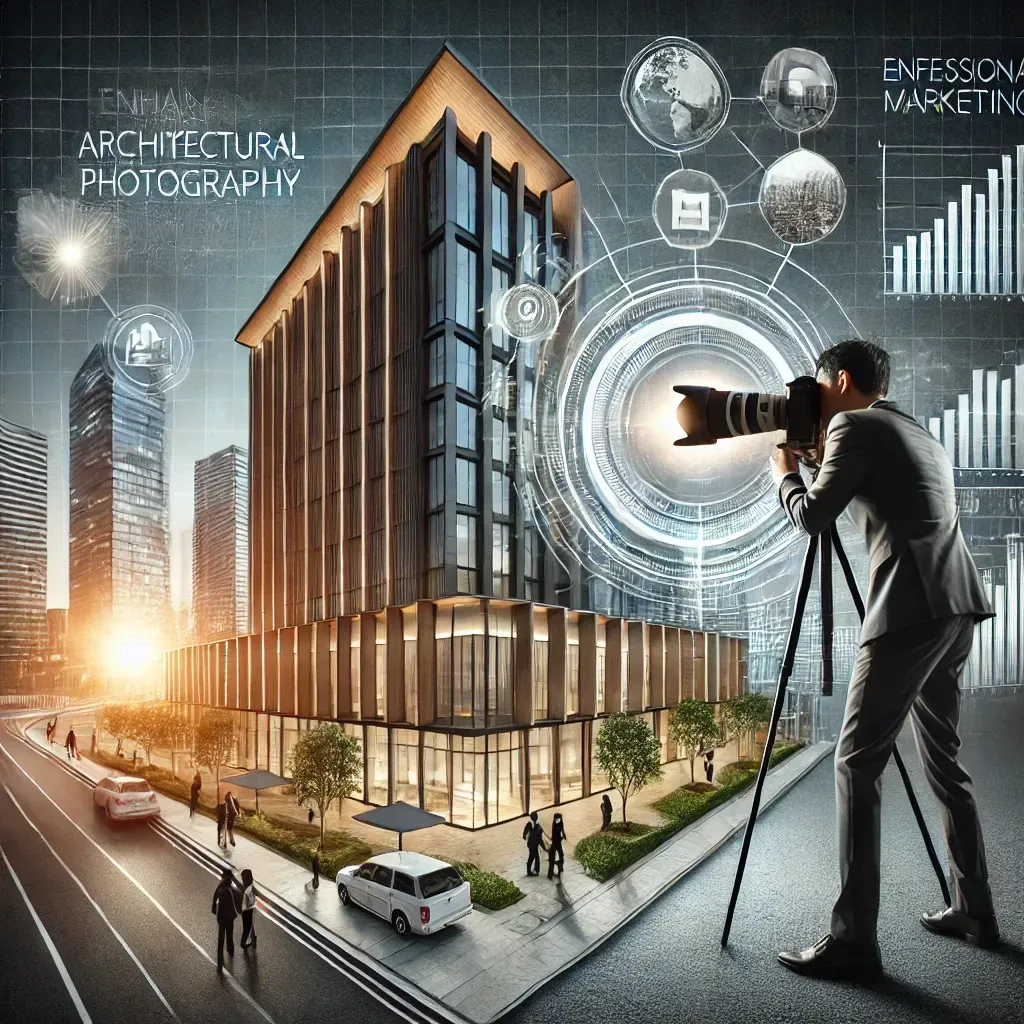A professional photograph showcasing a modern high-rise building with sleek design elements captured by a photographer using a high-end camera on a tripod. The dramatic lighting highlights the building's unique features, set against a cityscape backdrop. Surrounding promotional materials and digital screens display the images, illustrating the role of architectural photography in enhancing marketing and achieving global reach.