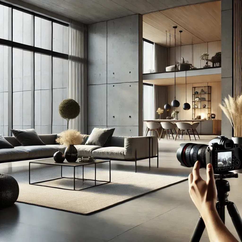 A professional photograph of a spacious modern living room featuring minimalist furniture, clean lines, and large windows with natural light. A photographer with a camera on a tripod captures the room's architectural details and textures, emphasizing the role of lighting and design in contemporary interior photography.