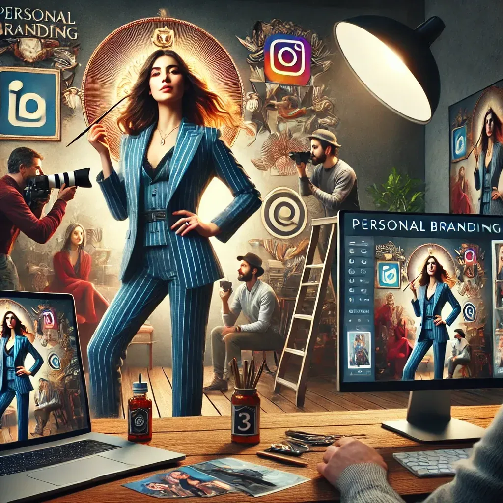 A professional studio during a personal branding photography session. A photographer captures a confident client in diverse poses with props reflecting their profession and personality. A nearby digital screen displays branding images optimized for social media platforms like Instagram and LinkedIn, highlighting creativity and the impact of high-quality personal branding photography.
